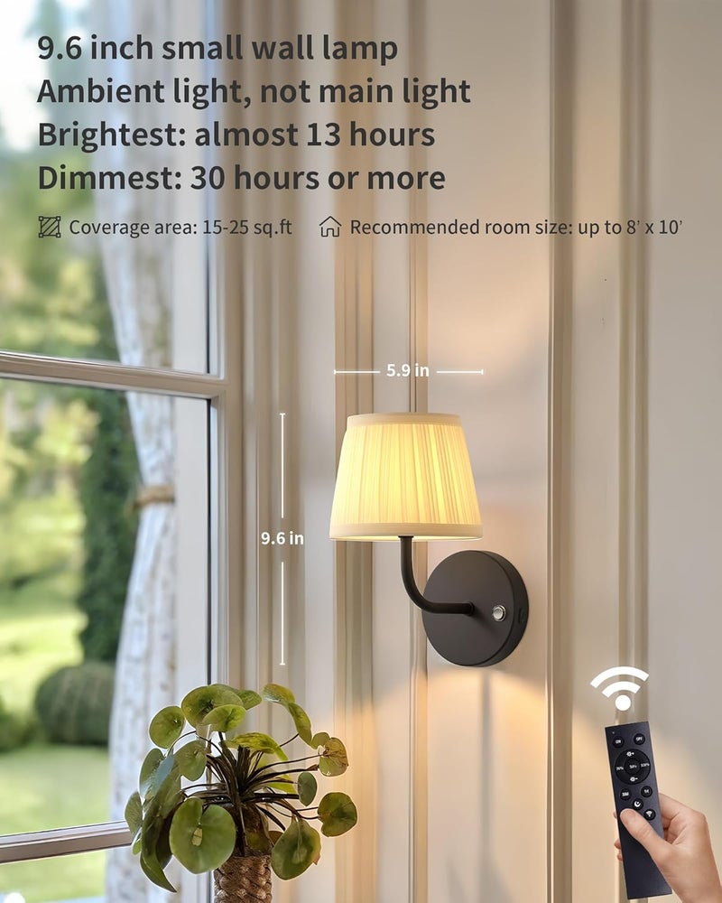 PUSU LED Cordless Black H9.6 inch Small Wall Sconces Set of 2, Rechargeable 5200mAh Battery Operated Fabric Wall Lamp with Remote, Lighting for Living Room, Bedroom, Hallway, Bathroom, Stairs, Kitchen - Image 2